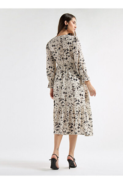 FAV Panelled A-line Dress with Square Neck and Bell Sleeves