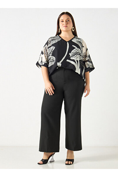 Ulla Popken Plus Size Ulla Popken All-Over Print V-neck Top with Short Sleeves