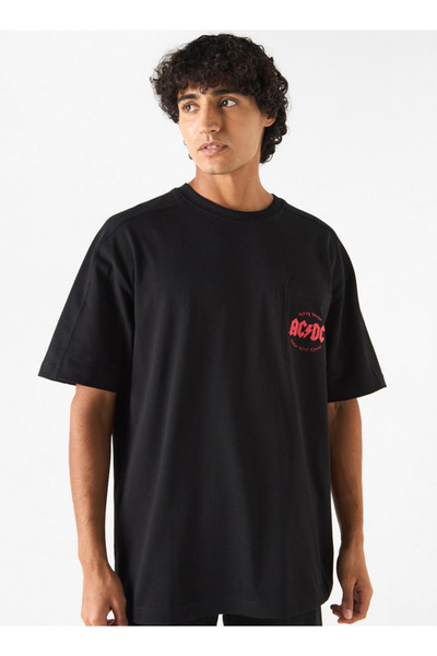 SP Characters ACDC Print Crew Neck T-shirt with Short Sleeves and Chest Pocket