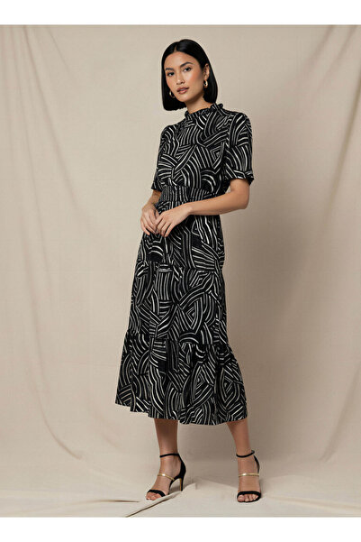 FAV Tiered Midi Viscose Dress with Flutter Sleeves