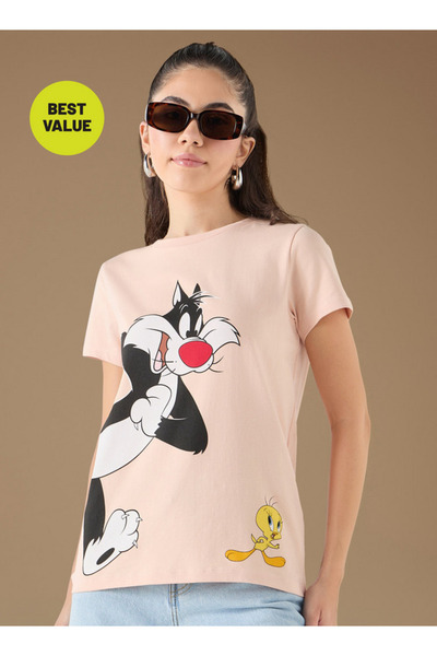 SP Characters Sylvester and Tweety Print T-shirt with Crew Neck and Short Sleeves