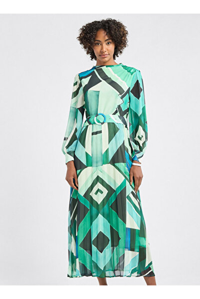 FAV فستان مطبوع بقصة A وأكمام طويلة وحزام