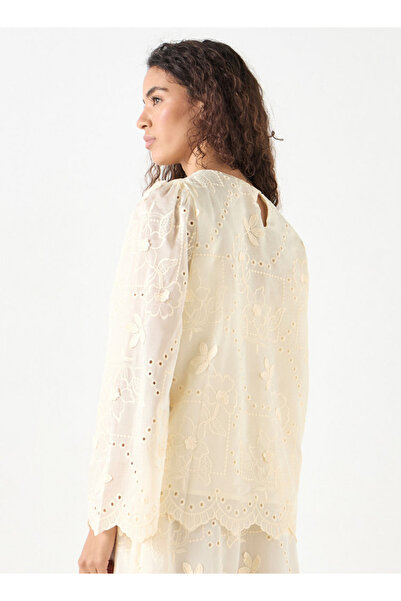 FAV All-Over Embroidered Top with Crew Neck and Long Sleeves