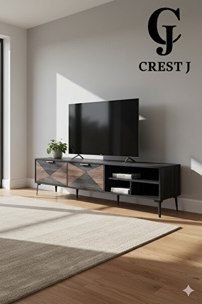 Crestj TV Table, Large Wooden Media Console Table for Living Room with 2 Stor...