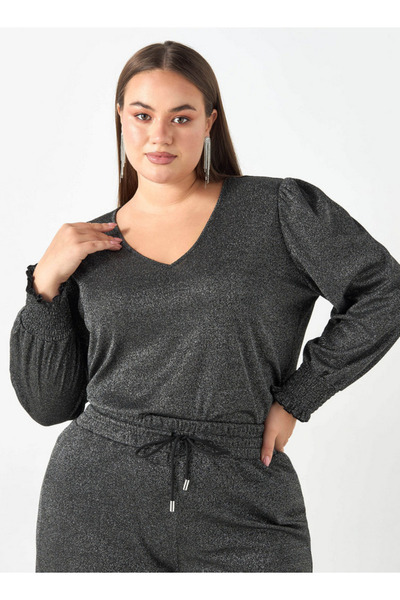 Ulla Popken Plus Size Ulla Popken Textured V-neck T-shirt with Long Sleeves