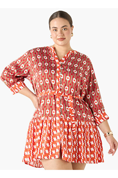 Ulla Popken Plus Size Ulla Popken All-Over Print Dress with 3/4 Sleeves and T...