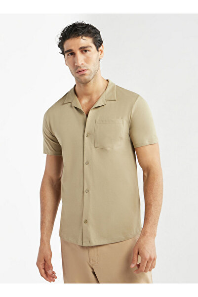 FAV Solid Camp Collar Shirt with Short Sleeves and Pocket