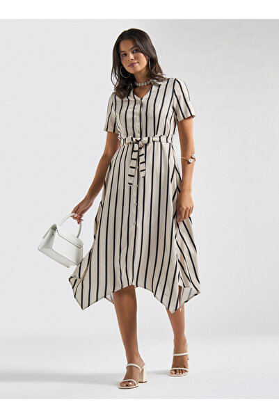 FAV Striped Asymmetric Hem Collared Midi Dress With Belt And Short Sleeves