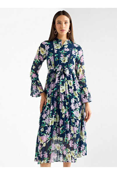 FAV فستان مزين بطبعات الأزهار وياقة ماندرين وأكمام جرس وحزام ربط