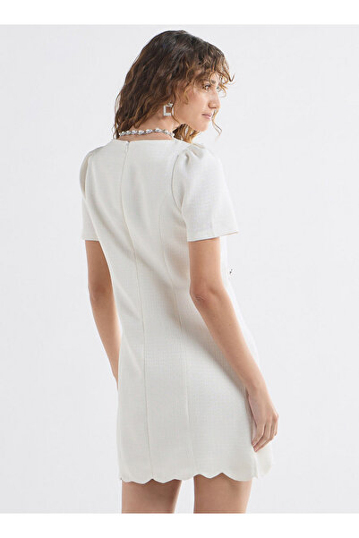 FAV Textured Scallop Hem Mini Dress With Short Sleeves And Square Neck