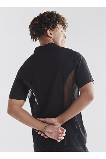 FAV Mesh Panelled Shirt With Camp Collar And Short Sleeves