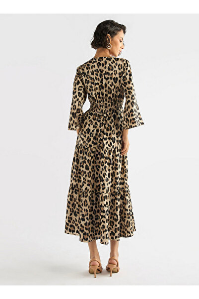 FAV All-Over Animal Print Tiered Midi Dress with Lace Detail and 3/4 Sleeves
