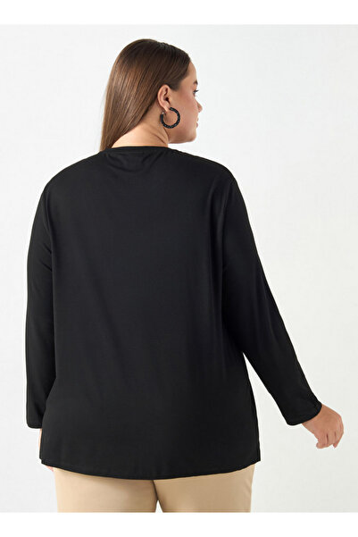 Ulla Popken Plus Size Ulla Popken Embellished T-shirt with Long Sleeves and Round Neck