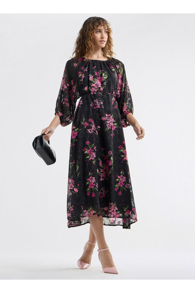 FAV Floral Print Midi Dress with Batwing Sleeves and Tie-Up Detail