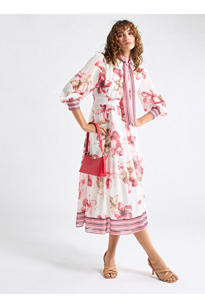 FAV All-Over Floral Print Shirt Dress with Tie-Ups and Long Sleeves