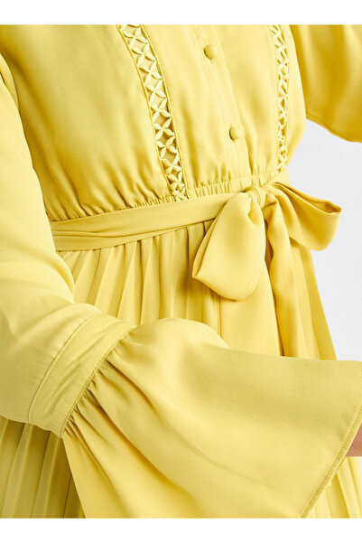 FAV Pleated Mandarin Collar Dress With Bell Sleeves And Tie-up Belt