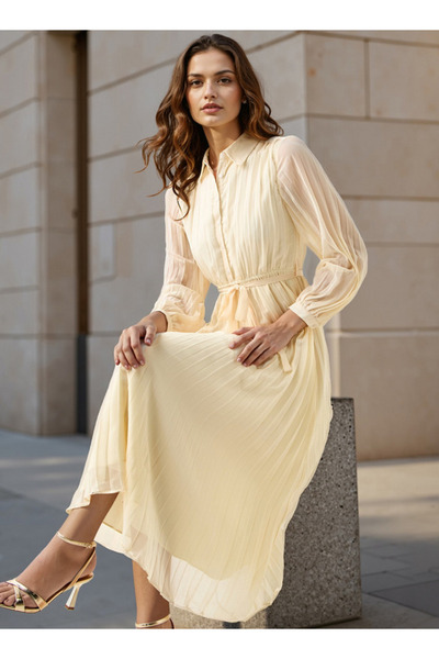 FAV فستان ميدي مطوي مع ياقة وحزام ربط