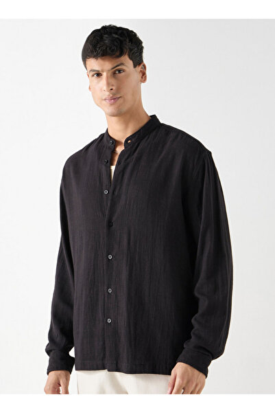 Iconic Relaxed Fit Textured Mandarin Collar Shirt With Long Sleeves