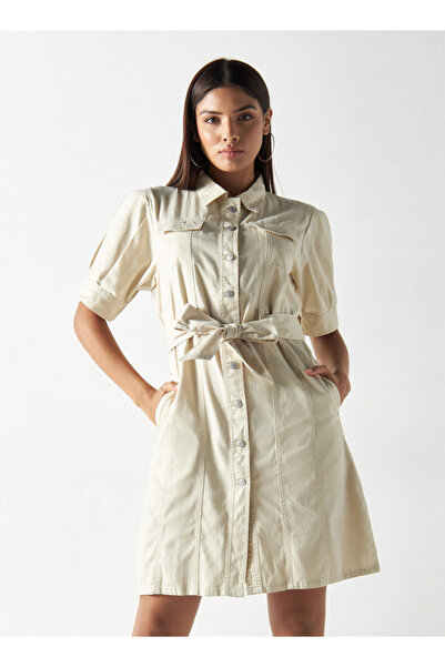 FAV Solid Knee Length Shirt Dress with Tie-Up Belt and Pockets