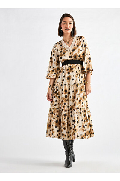 FAV Printed Midi Dress with Lace Detail and 3/4 Sleeves