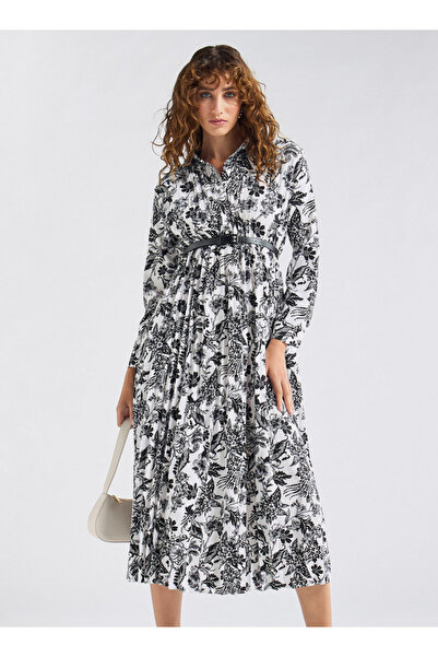 FAV All-Over Floral Print Shirt Dress with Long Sleeves and Pleat Detail