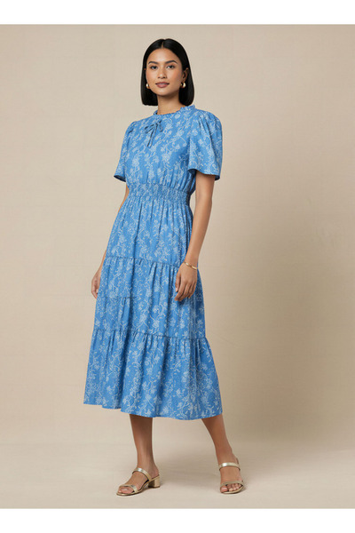 FAV فستان متوسط الطول من الفيسكوز بأكمام منفوشة