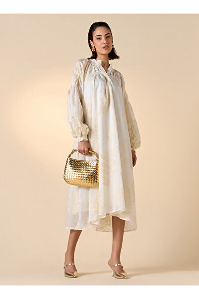 Iconic فستان ميدي مطرز على شكل أوراق الشجر مع رقبة ماندرين