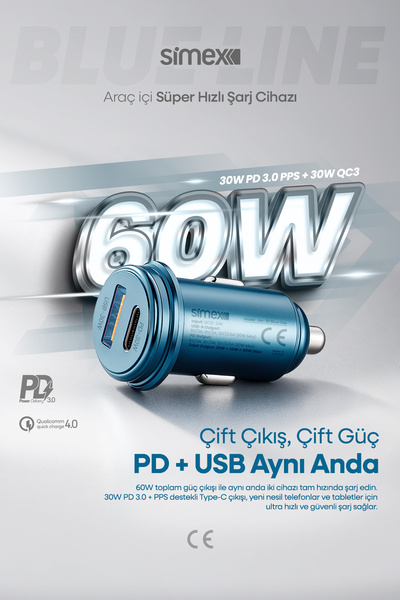 Simex Blue Line SM-30 60W Süper Hızlı Araç Şarj Aleti Çakmaklık PD 3.0 QC 4.0 Type-C + USB Çift Port Mavi