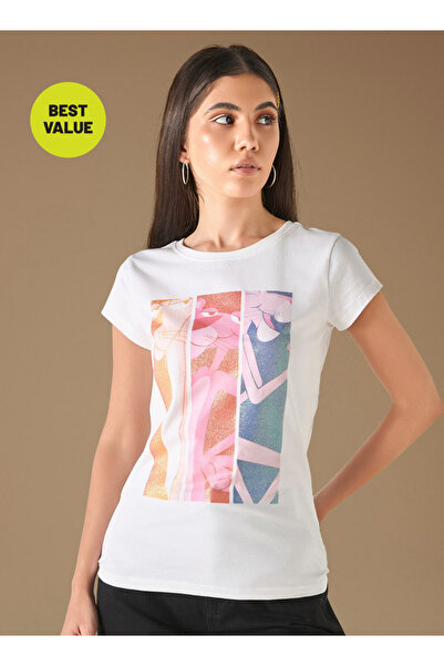 SP Characters Pink Panther Print T-shirt with Crew Neck and Short Sleeves