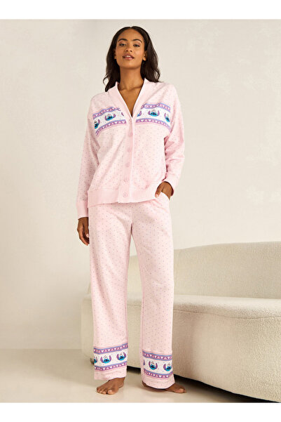 FAV طقم بيجاما مطبوع عليه غرزة، قميص وبنطال بأزرار