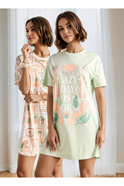 FAV طقم من قطعتين - فستان نوم مطبوع برقبة دائرية وأكمام قصيرة