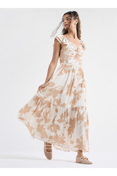 FAV فستان ماكسي مطبوع برقبة على شكل قلب وأكمام مكشكشة