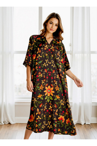 FAV Printed Night Dress with Collar and 3/4 Sleeves