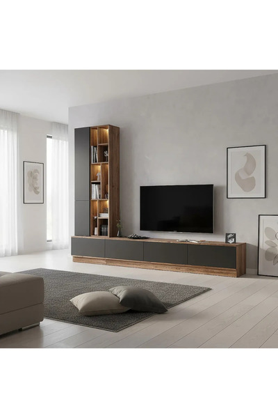 Stylish Home Large brown and gray TV table, 4 pieces, including shelves and lighting, model 61