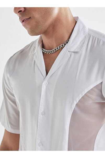 FAV Mesh Panelled Shirt With Camp Collar And Short Sleeves