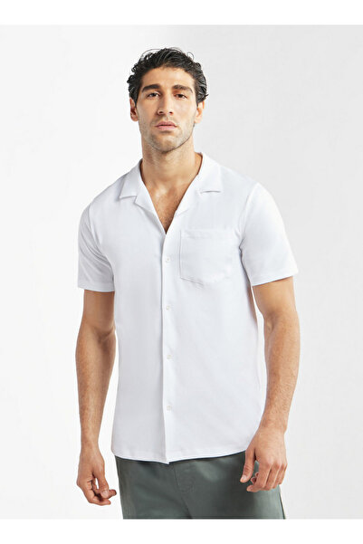 FAV Solid Camp Collar Shirt with Short Sleeves and Pocket