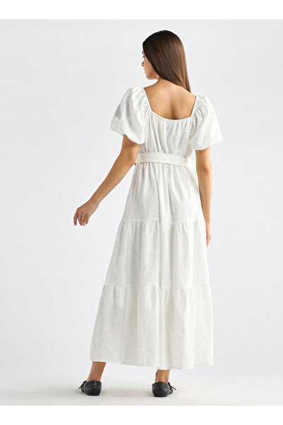 FAV Floral Textured Tiered Maxi Dress with Short Puff Sleeves and Square Neck