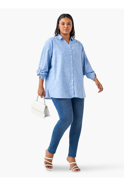 Ulla Popken Plus Size Ulla Popken Regular Fit Linen Blend Shirt with Long Sleeves