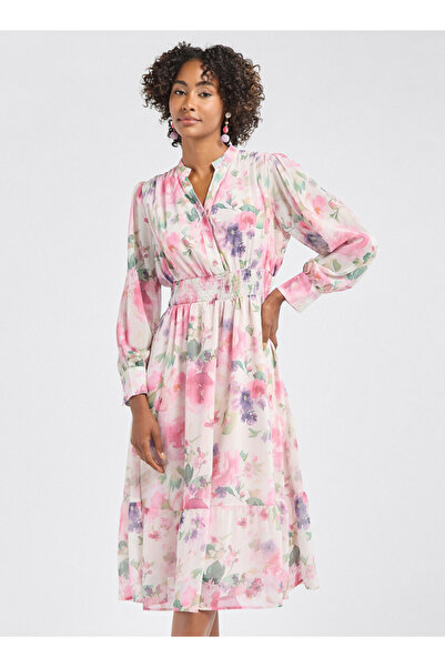 FAV فستان قميص متوسط الطول بطبعة زهور كاملة مع تفاصيل مجعدة وأكمام طويلة