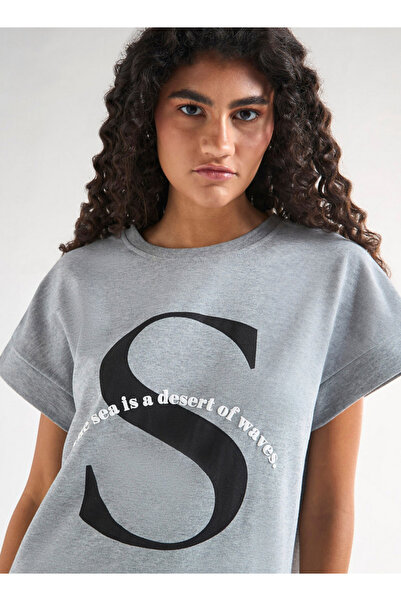 FAV Printed T-shirt Dress With Extended Short Sleeves And Slit Detail