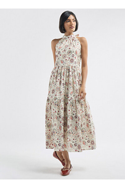 FAV All-Over Floral Print Halter Neck Tiered Dress with Tie-Ups