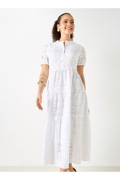 Lee Cooper All-over Schiffili Embroidered Dress With Puff Sleeves