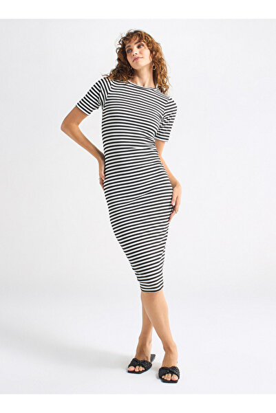 FAV Striped Bodycon Dress with Round Neck and Short Sleeves
