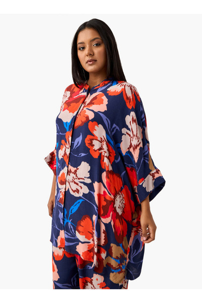 Ulla Popken Plus Size Ulla Popken All-Over Floral Print Top with 3/4 Sleeves