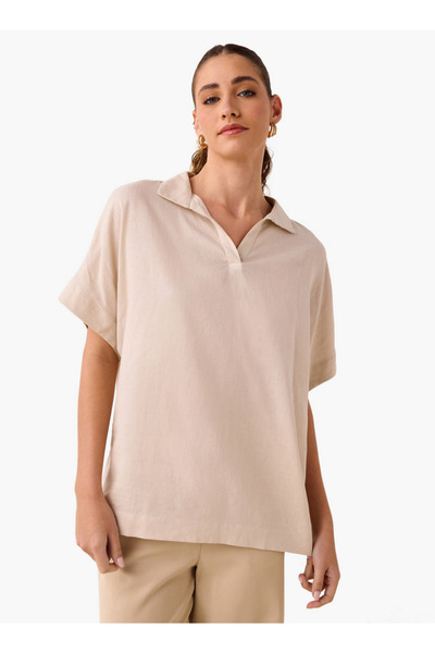 FAV بلوزة من مزيج الكتان بقصة عادية وأكمام ممتدة