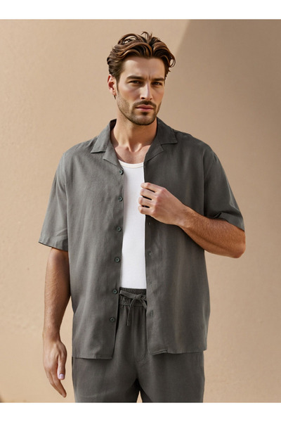 FAV قميص منتجع بقصّة عادية من مزيج الكتان