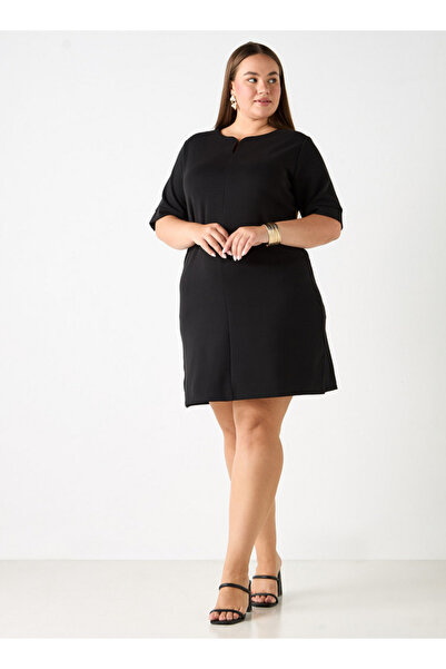 Ulla Popken Plus Size Short Sleeve Dress With Split Neck