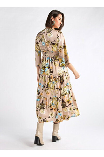 FAV Floral Print Midi Dress with Lace Detail and 3/4 Sleeves