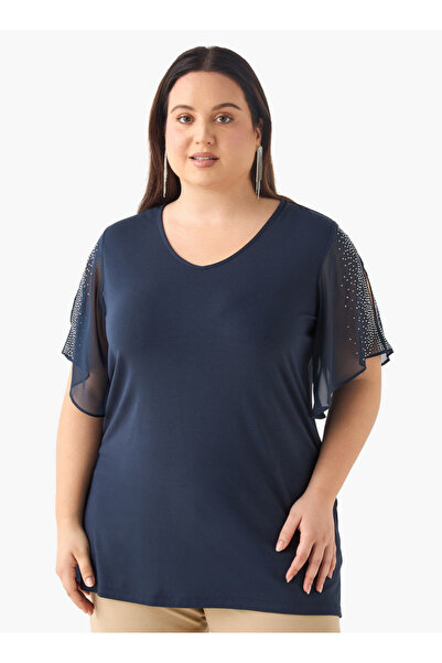 Ulla Popken Plus Size Embellished V-neck Top With Short Slit Sleeves
