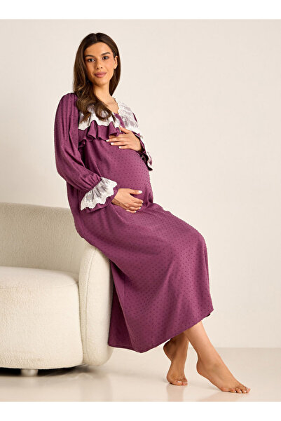 FAV Lace Detail Textured Maternity Dress with Long Sleeves